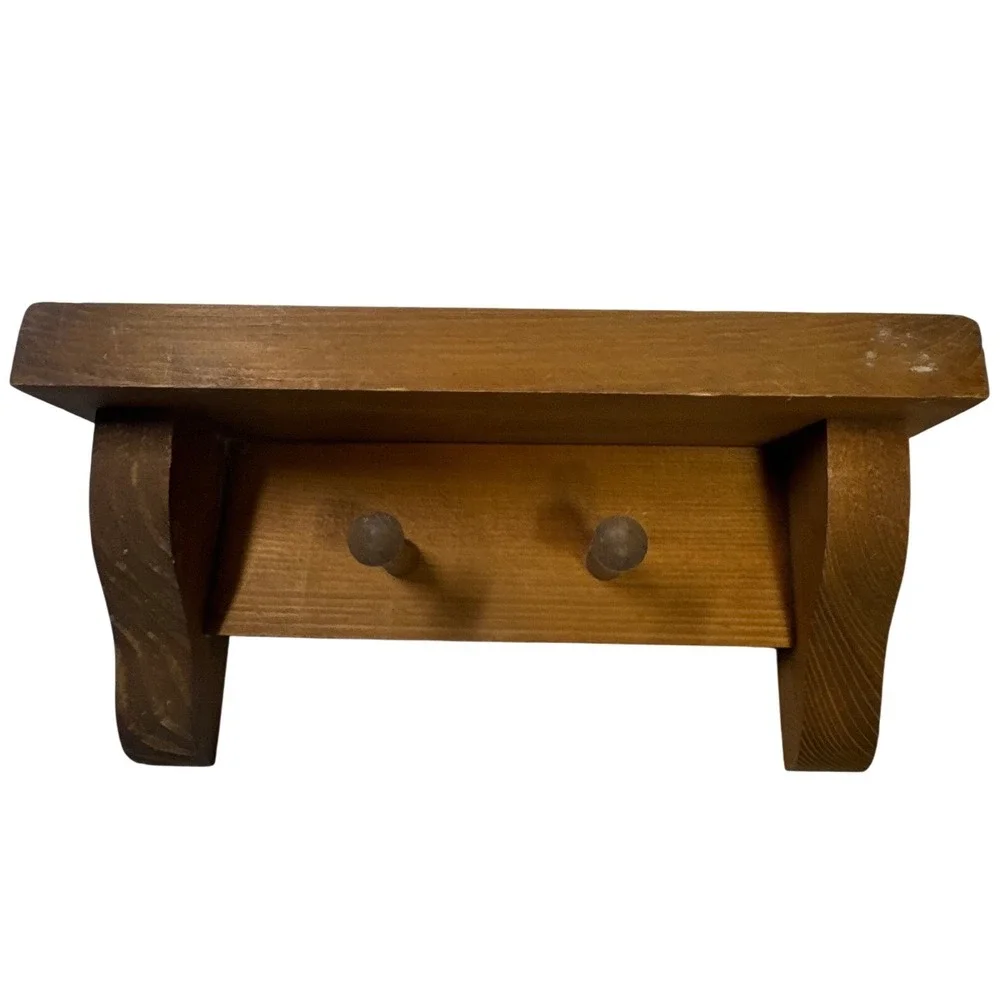 Vintage Cottagecore Grandmacore Rustic Pine Wood Mini Wall Shelf Peg Hooks Brown